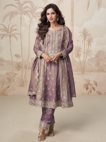 Mauve Simar Silk Heavy Embroidered Straight Salwar Kameez by Fabricoz USA