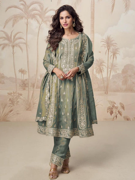 Sage Green Simar Silk Intricate Zari Work Salwar Kameez by Fabricoz USA