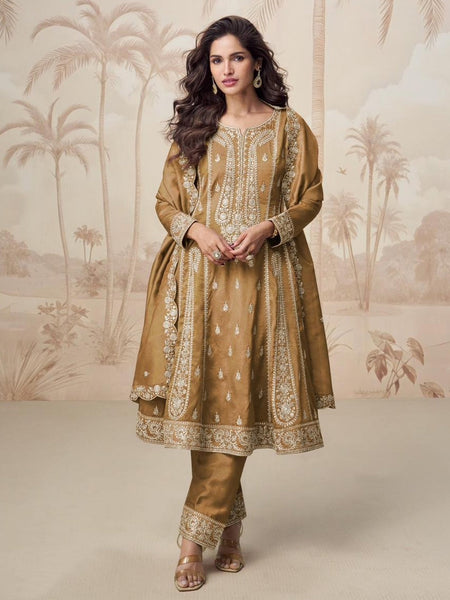 Golden Mustard Simar Silk Heavy Embroidered Salwar Kameez by Fabricoz USA