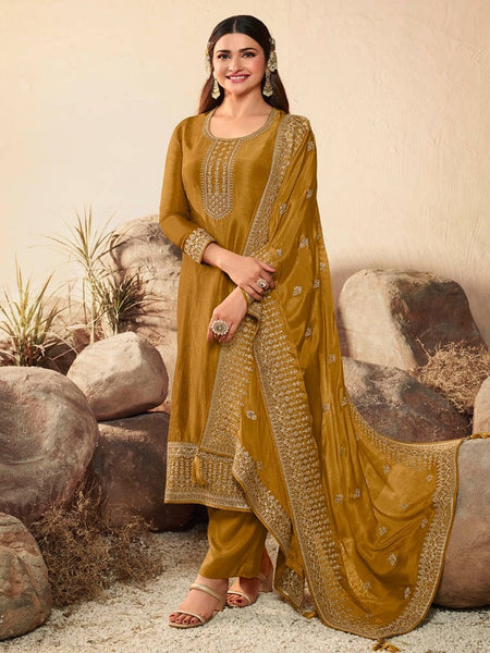 Mustard Yellow Art Silk Embroidered Festive Wear Salwar Kameez by Fabricoz USA
