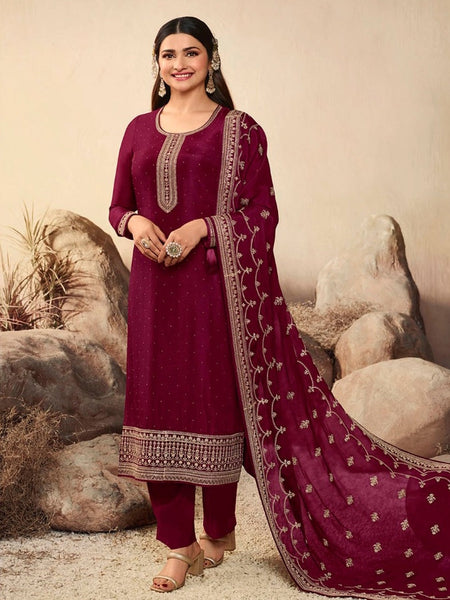 Wine Purple Art Silk Embroidered Salwar Kameez by Fabricoz USA