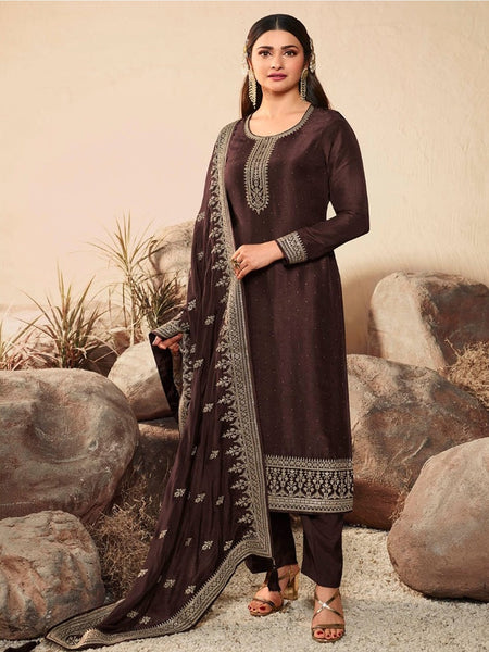 Chocolate Brown Art Silk Embroidered Salwar Kameez by Fabricoz USA