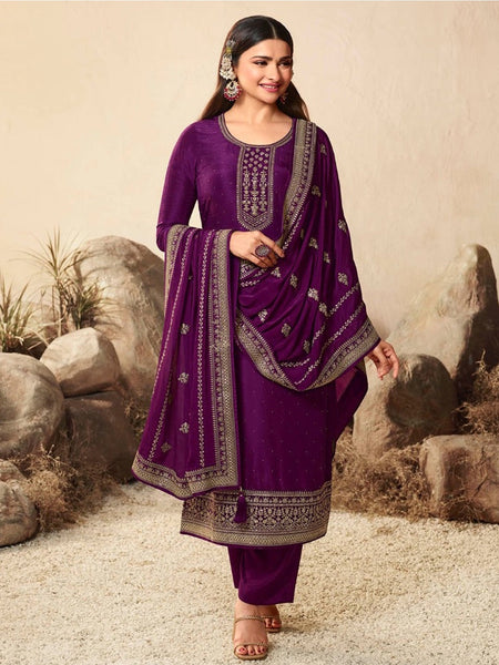 Royal Purple Art Silk Embroidered Straight Cut Salwar Kameez by Fabricoz USA