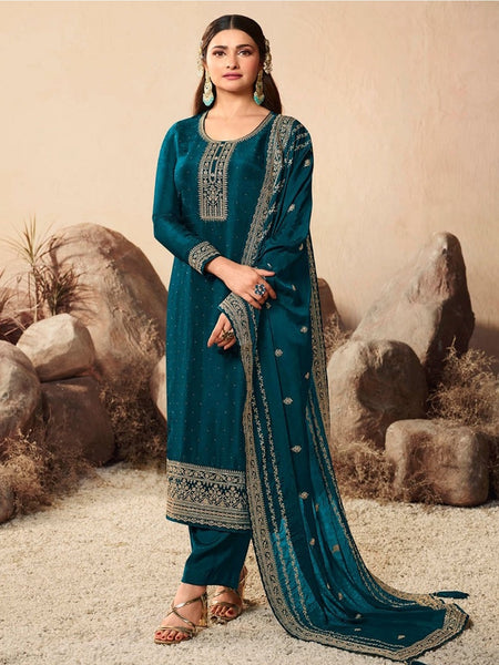 Teal Blue Art Silk Embroidered Straight Cut Salwar Kameez by Fabricoz USA