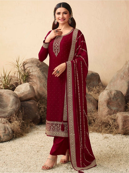 Ruby Red Art Silk Embroidered Straight Cut Salwar Kameez by Fabricoz USA