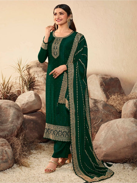 Emerald Green Art Silk Embroidered Straight Cut Salwar Kameez by Fabricoz USA