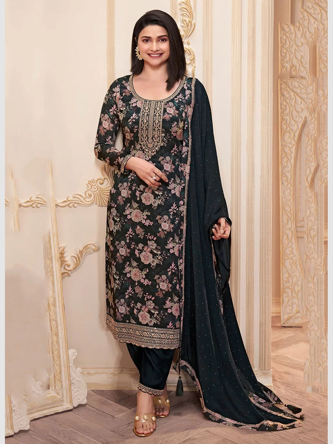 indian dresses black Black Cotton Embroidered Maxi Dress