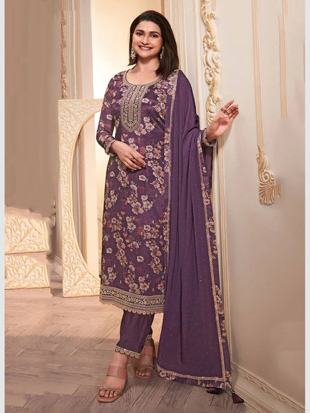 Purple Salwar Kameez - Chinon Embroidery