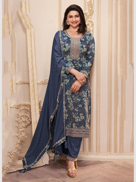 Blue Salwar Kameez - Chinon Embroidery