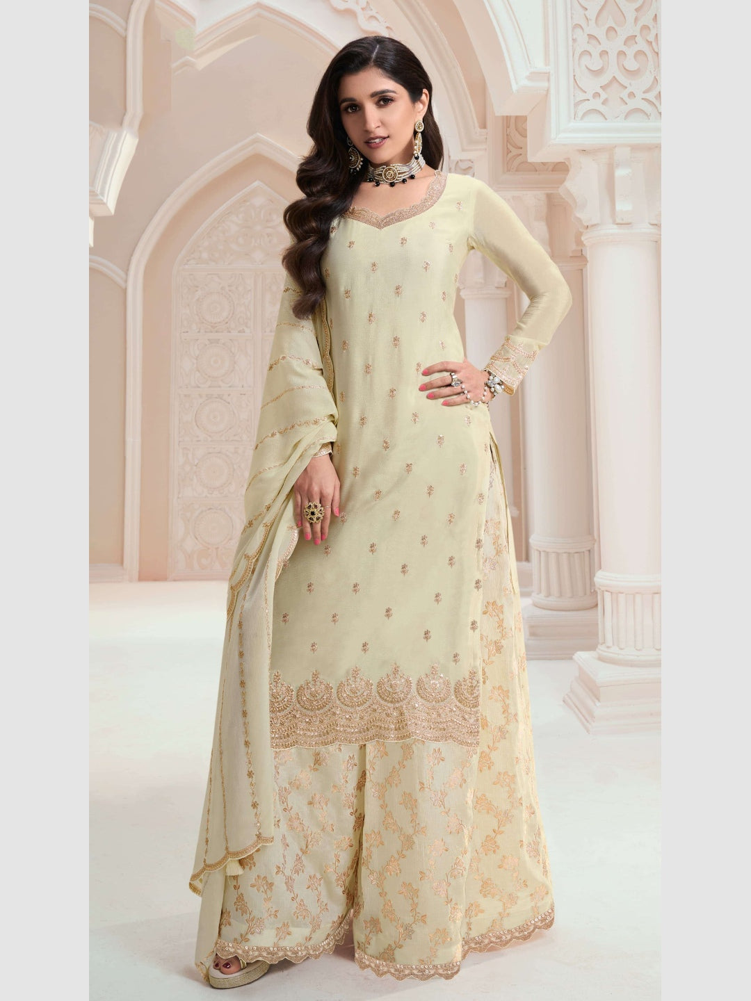 Ivory Beige Chinon Zari Embroidered Palazzo Elegant Festive Wear Ivory Beige Chinon Zari Embroidered Palazzo Elegant Festive Wear