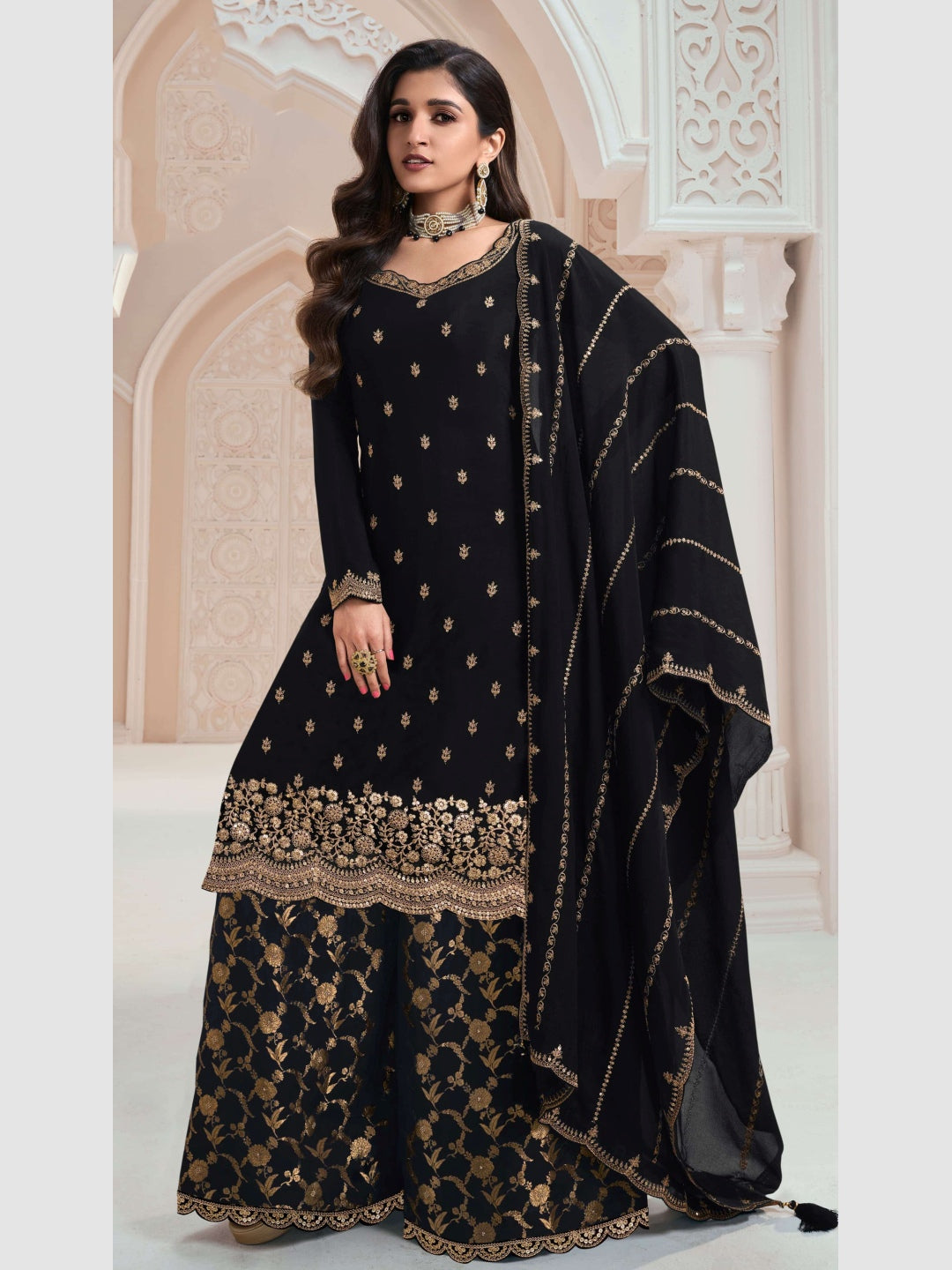 black indian dress for party Festive, Party Wear Black and Grey color Georgette fabric Gown : 1825319