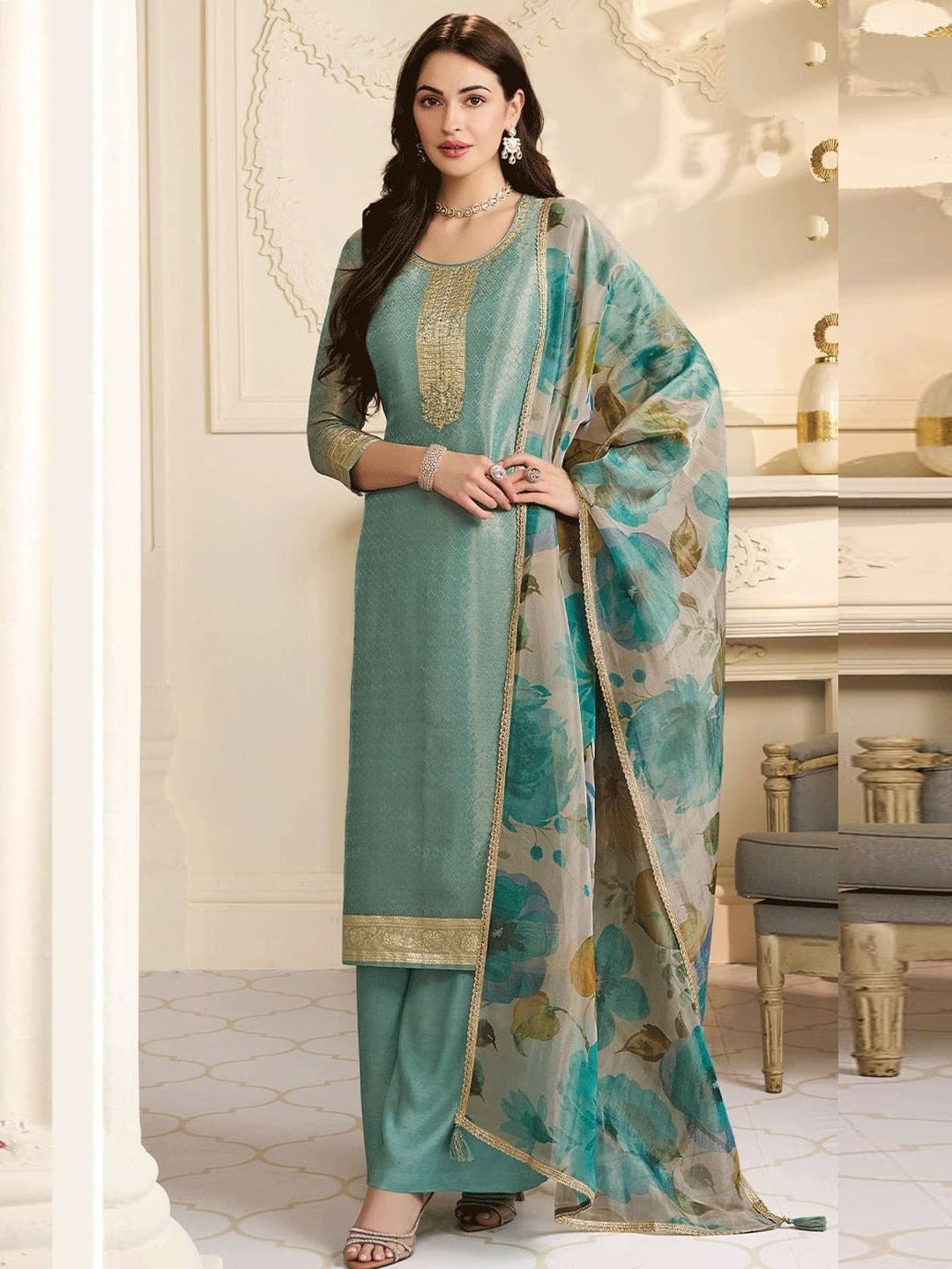 Teal Art Silk Hand Embroidered Straight Cut Premium Festive Wear Teal Art Silk Hand Embroidered Straight Cut Premium Festive Wear