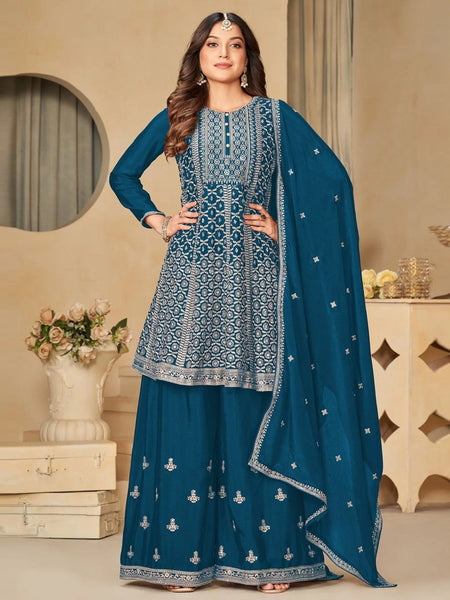 Blue Salwar Kameez - Embroidery Real Chinon