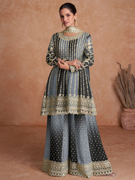 Grey Indian Dress - Embroidery on Real Chinon