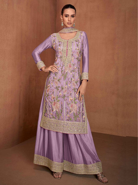 Purple Indian Dress - Embroidered Real Chinon