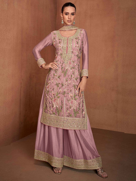 Pink Indian Dress - Embroidered Real Chinon