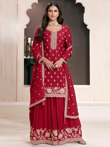 Red Indian Dress - Embroidered Thread Chinon