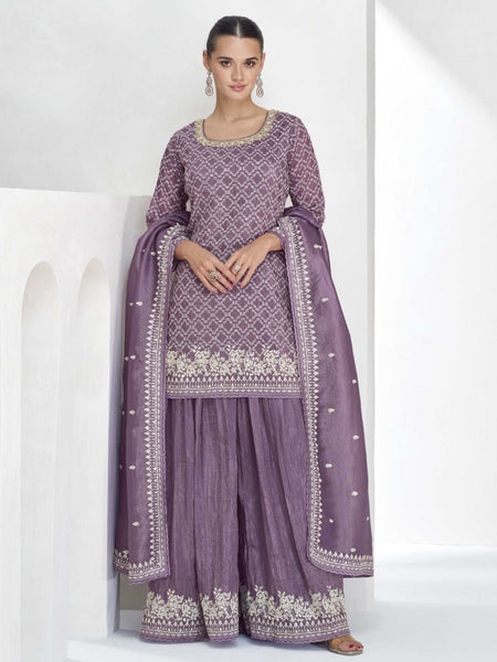 Purple Indian Dress - Embroidered Chinon Silk