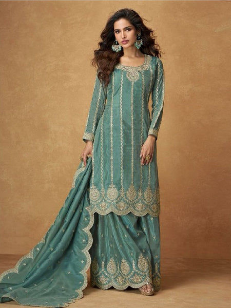 Green Salwar Kameez - Art Silk Organza