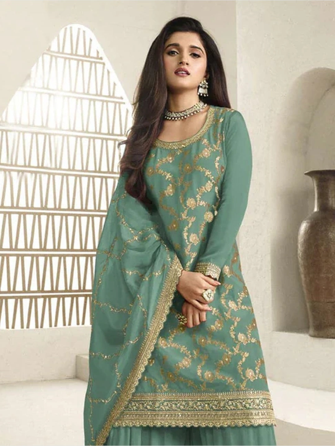 green emerald velvet dress Sage Green Sharara Set – Seema Gujral main image 1