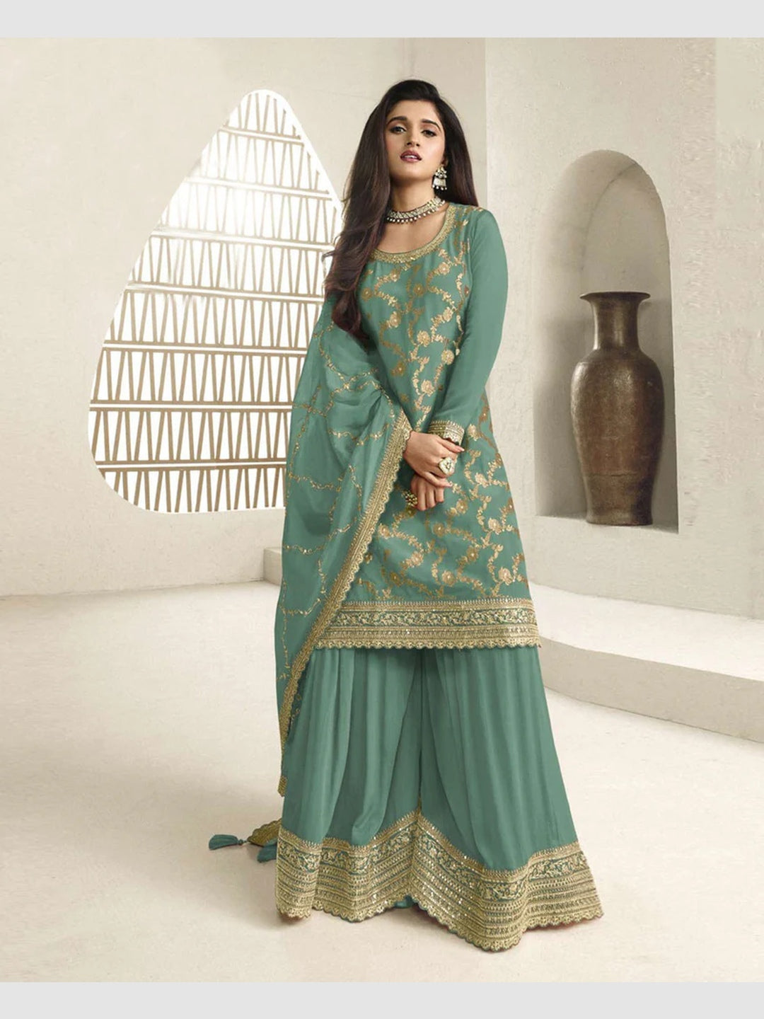 green emerald velvet dress Green Georgette Embroidered Sharara Ready Made Suit main image 1