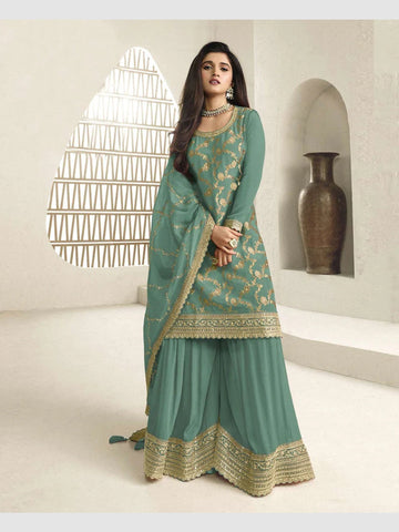 Green Chinon Jacquard Finely Embroidered Sharara Salwar Kameez by Fabricoz USA