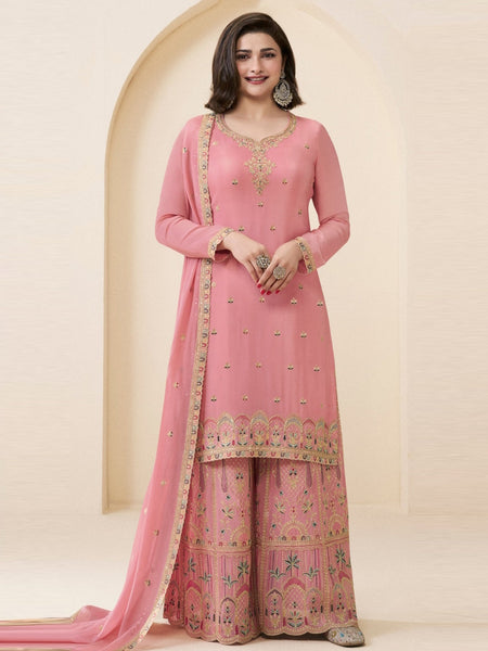 Pink Indian Dress - Embroidered Thread Chinon