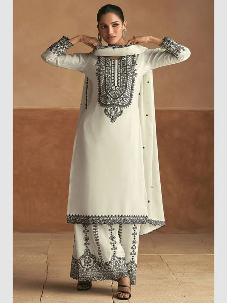 White Salwar Kameez - Embroidery Chinon