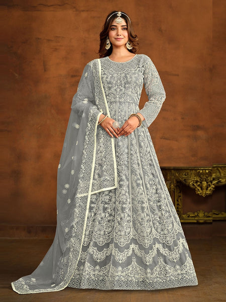 Grey Salwar Kameez - Net Embroidery - Anarkali