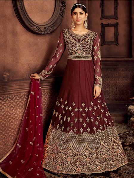 Golden Salwar Kameez - Heavy Embroidery on Net - Anarkali Dress