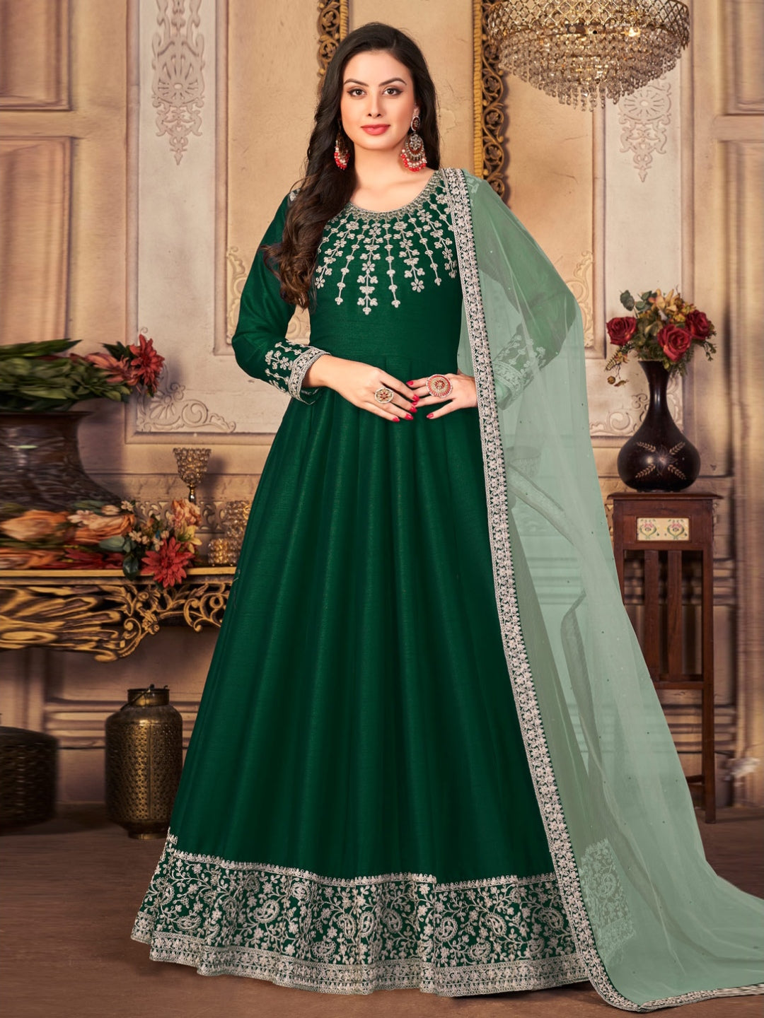 Lime Green Embroidery Work Long Anarkali Gown