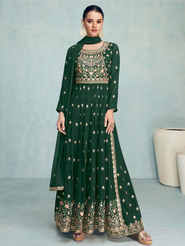 Bottle green chanderi dress with multi color dupatta - set of two by Prints  Valley | The Secret Label
