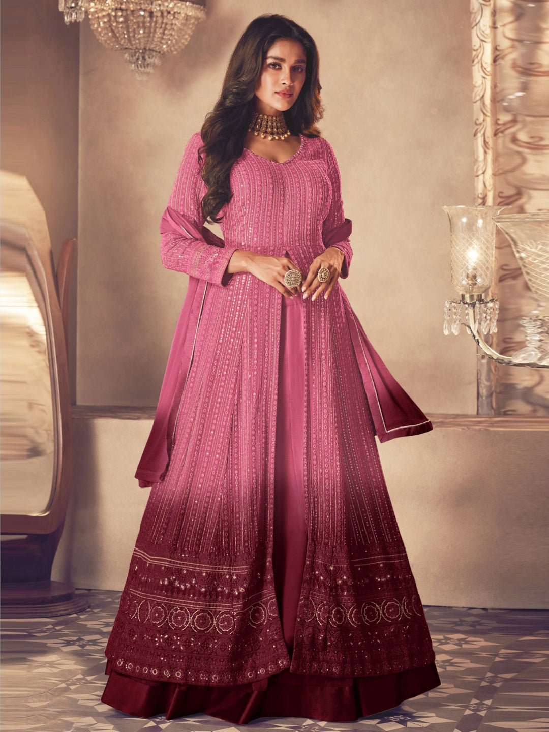 Fluorescent Pink Sequins and Zari work with Floral Print Floor Length –  Seasons Chennai