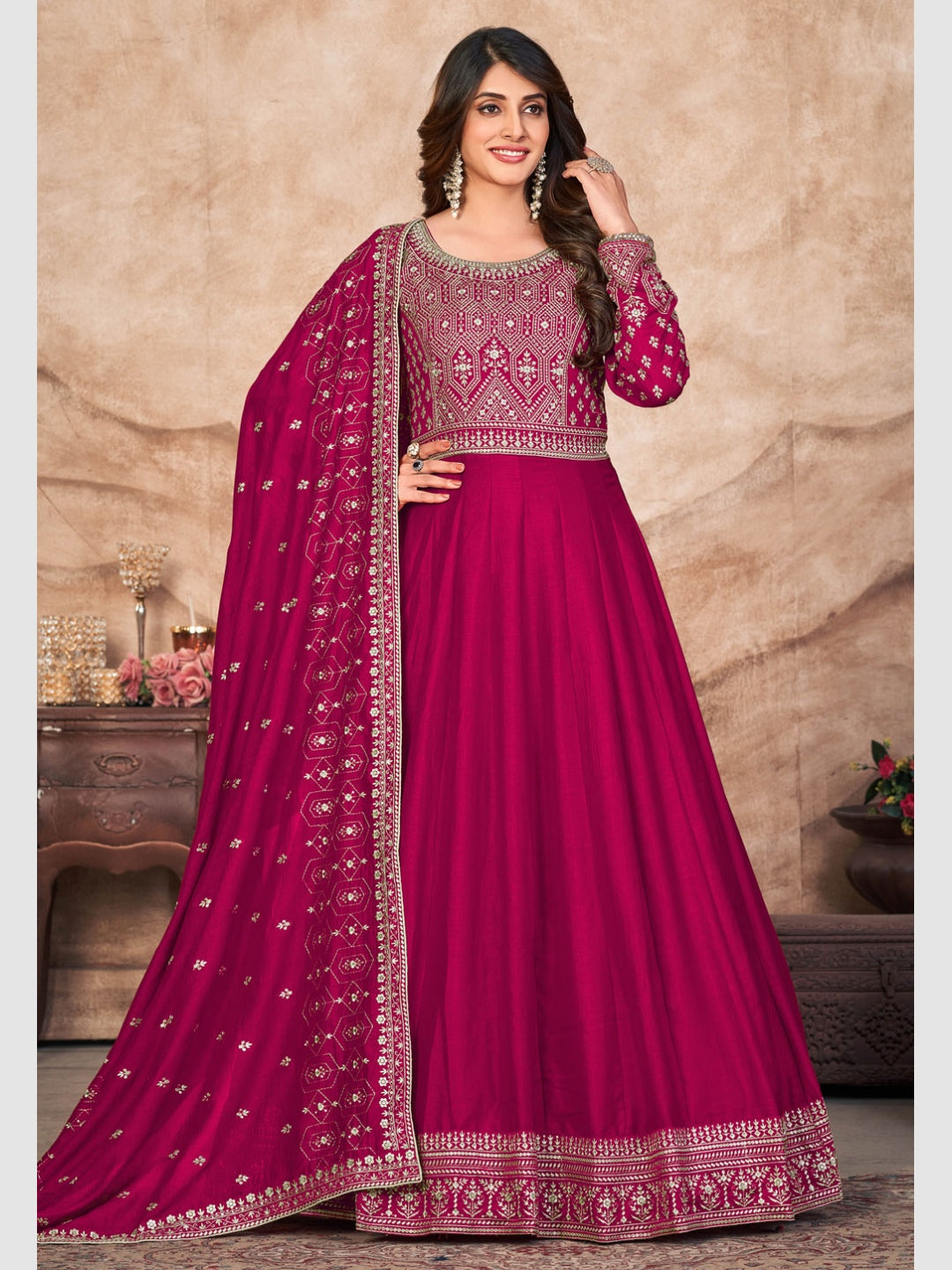 Buy Powder Pink Anarkali Suit In Georgette With Embroidery