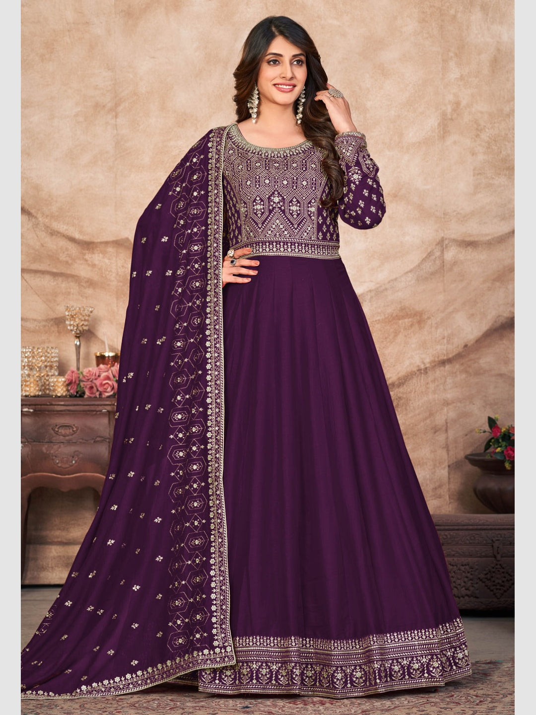 dark purple indian dresses Monjolika fashion's dark purple colour dola silk designer dress