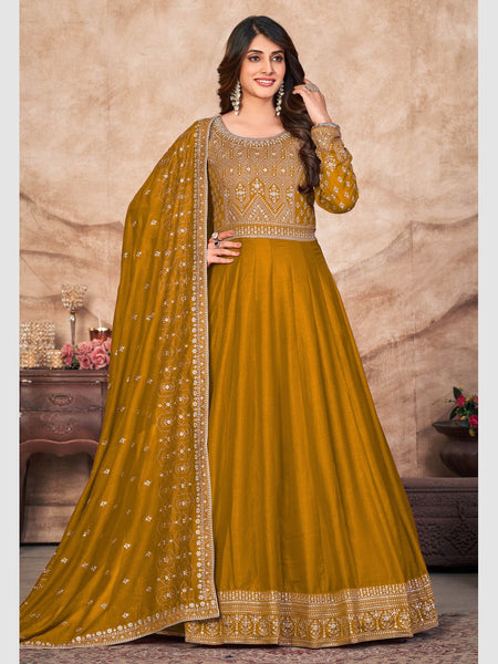 Golden Salwar Kameez - Art Silk Embroidery - Anarkali