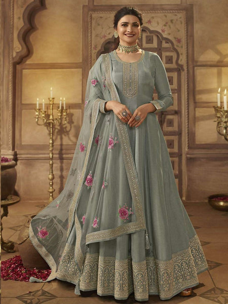 Blue Indian Dress - Embroidered Art Silk - Anarkali