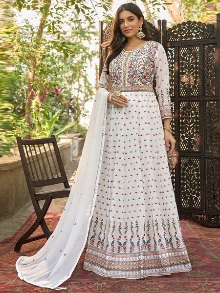 White Indian Dress - Georgette Embroidery - Anarkali Suit