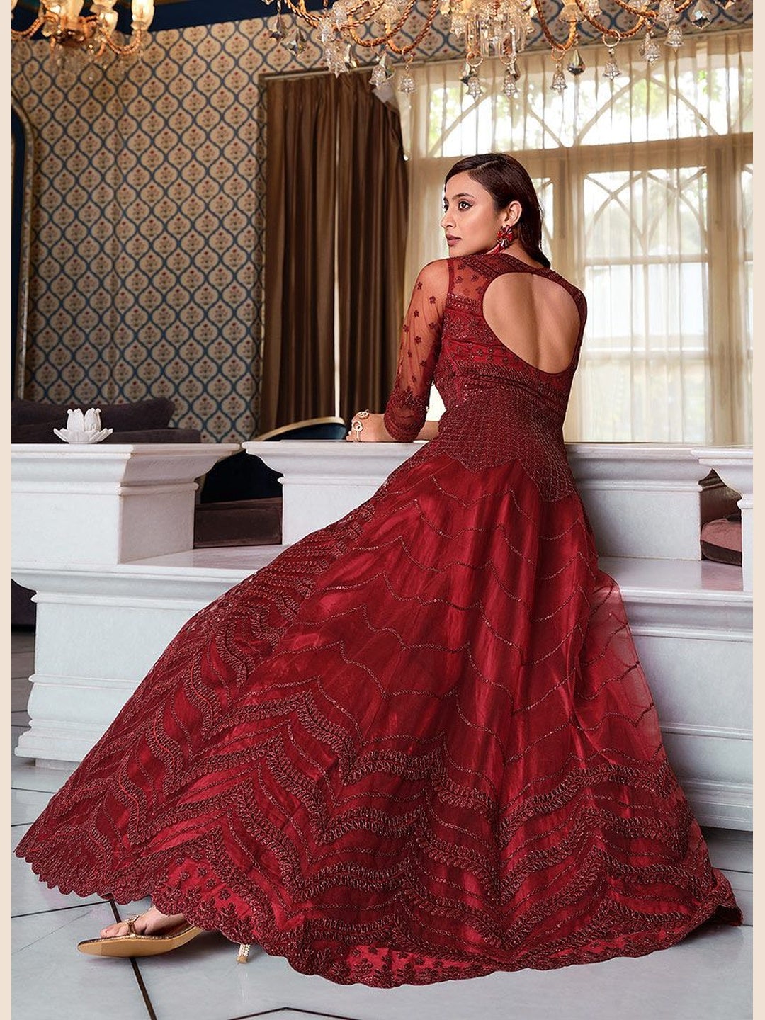 satin anarkali dress Brown Anarkali Satin Suit Set (Set Of 3) ahiclothing
