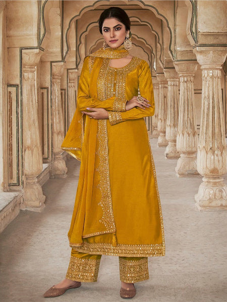 Yellow Indian Dress - Embroidered Art Silk