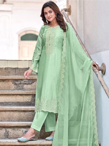 Straight Indian Dress - Embroidered Pure Art Silk