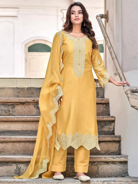 Yellow Indian Dress - Embroidered Pure Art Silk