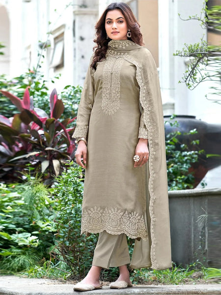 Brown Salwar Kameez - Embroidered Pure Art Silk