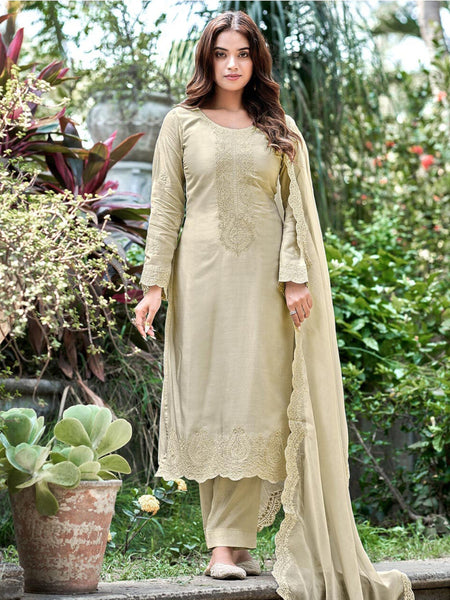 Brown Salwar Kameez - Embroidered Pure Art Silk