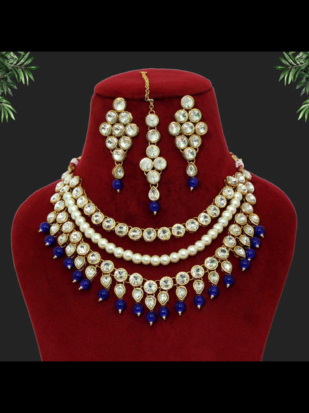 Pearl Indian Jewelry - Kundan & Pearl Necklace with Tikka