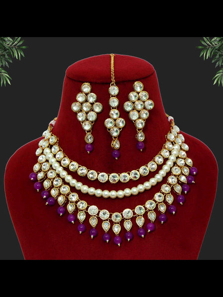 Pearl Indian Jewelry - Kundan & Pearl Necklace with Tikka
