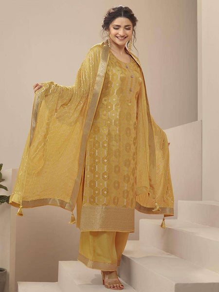 Yellow Indian Dress - Embroidered Jacquard Zari