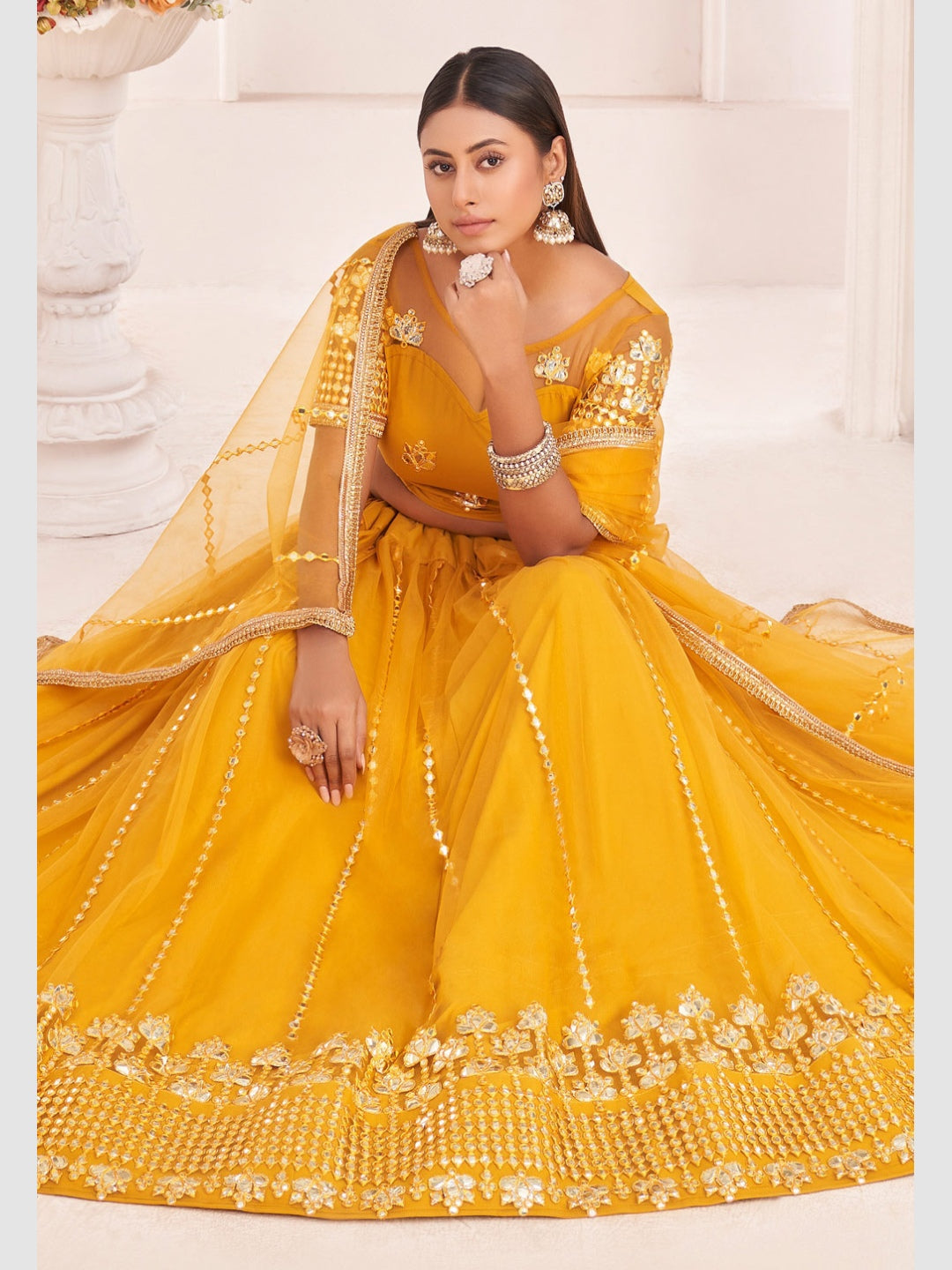 Mustard Yellow Heavy Sequins Zari Embellished Flowy Luxe Haldi Wear Mustard Yellow Heavy Sequins Zari Embellished Flowy Luxe Haldi Wear