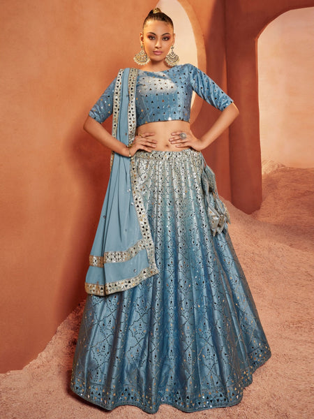 Blue Lehenga Choli - Velvet Sequins Embroidery