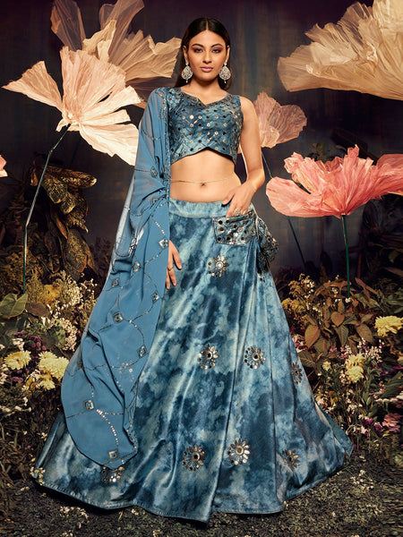 Blue Lehenga Choli - Velvet Sequins Embroidery